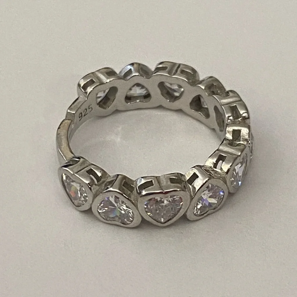 925 Silver heart ring 5.75 band size adjustable cz stones